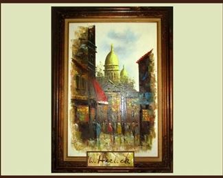 W. Harlock Signed Large Oil Painting of a Paris Street Scene 