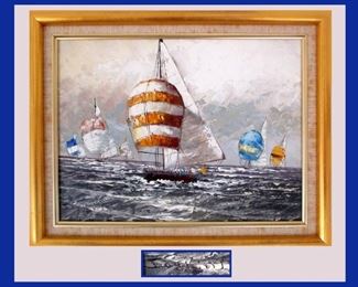 Beautiful Little Sail Boat Regatta Oil Painting Signed