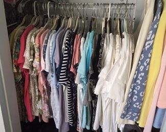Wardrobe includes three closets full of t-shirts, pants, blouses, dress pants, dresses, jackets, sweaters, suits, coats, shoes, and accessories