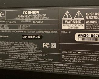Toshiba 37in LCD HDTV 37HL67S	26x36.5x6in D	HxWxD
