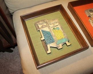 Marcello Fantoni for Raymor vintage mid century framed painted tiles, caveman theme, we have a matching pair, very rare!