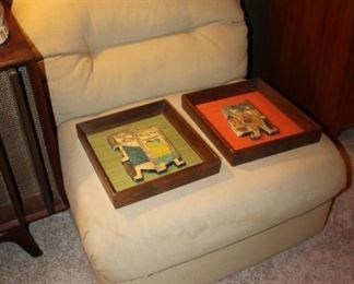 Marcello Fantoni for Raymor vintage mid century framed painted tiles, caveman theme, we have a matching pair, very rare!