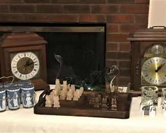 Jeannette 9 piece tumble set, carved chess pieces, hand crafted mantle clocks, crystal candle holders, elephant salt & pepper shakers