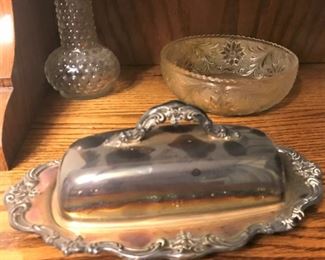 Gorham silverplate butter dish, E.O. Brody hobnail bud vase, vintage pressed glass bowl