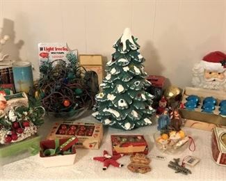 Shiny Brite ornaments in boxes, ceramic Christmas tree, more