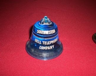 blue art glass bell shaped advertising  Southwestern Bell Telephone  Company paper weight