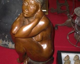 14" French bronze seated nude figure signed