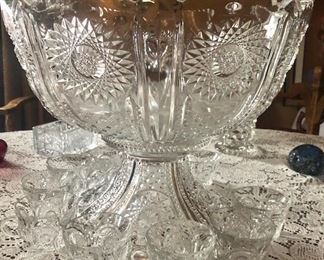 Antique Heisey Glass Punchbowl, Stand & 10 cups