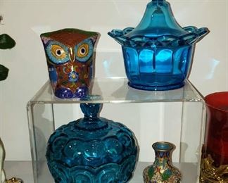 Cloisonné Owl & Vase  along with Blue Glass Covered Candy Containers