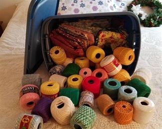large lot of crochet thread and fabric with tub