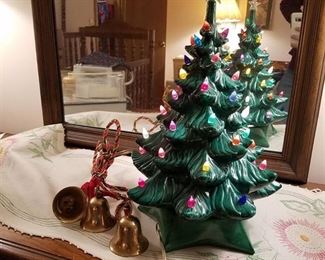 ceramic lighted Christmas tree and 3 Bells