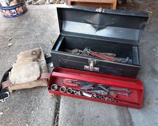 Metal tool Box with contents and nail pouch