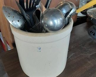 2 gallon crock with utensils