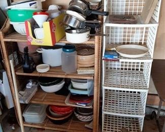 Wicker shelf and plastic cubes with contents