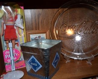 Coca Cola Party Barbie in original box, glass platter and vintage looking tin planter.