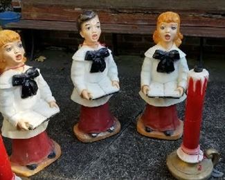 Mid century, hand painted, cast concrete Christmas Carolers and pair of matching candles.  For a unique Christmas display, don't miss this set!
