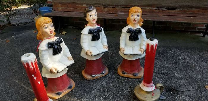 Mid century, hand painted, cast concrete Christmas Carolers and pair of matching candles.  For a unique Christmas display, don't miss this set!