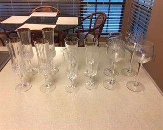 Four Crystal gold rimmed champagne flutes, set of four tall crystal stemware, set of four etched glass wine