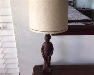 Auntique carved wooden lamp - base is image of boy