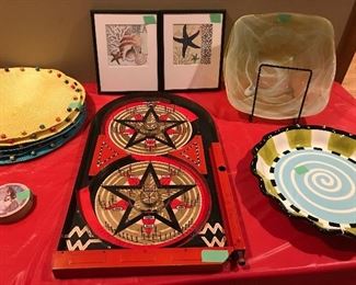 Antique metal tabletop pinball game, glass decorative bowl and various art