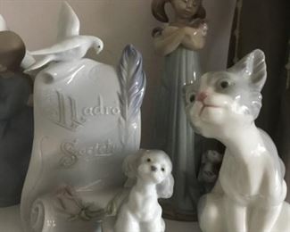 Vintage Retired LLADRO Glazed Figurines. Don't Forget Me (Girl holding kitten) No. 5743, 1998 Society Plaque No. 7677 Art Brings Us Together, Puppy - A Friend For Life No. 7685, Cat - Gatito Expectante No. 5113.