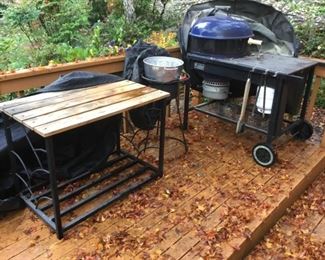 Weber Grill with Rotisserie and Rolling Cart, Outdoor Fyer, Outdoor Side Table.
