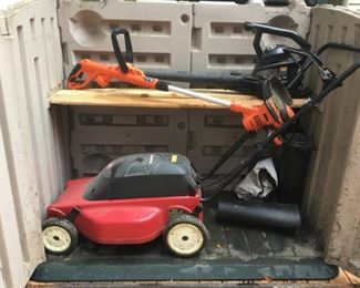 Toro Super Blower, Black and Decker Trimmer, Toro Electric Mower, Tool Storage Bin.