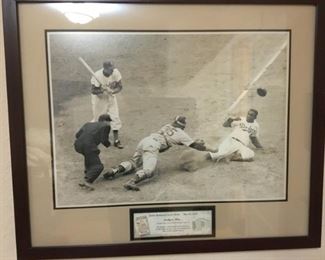 Jackie Robinson Steals Home Base Picture and 1952 Game Ticket