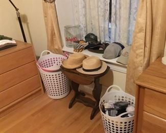 Small Antique Drop Leaf Table, Men's Hats, Gloves, Clothes Baskets
