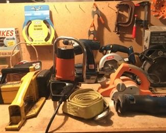 McCulloch Electramac Chain Saw, Craftsman Chain Saw, Ryobi Swivel Head Flashlight, Ryobi Drill, Ryobi Circular Saw, Chicago Belt Sander, Ryobi Reciprocating Saw.