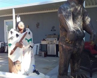 Life-size cement bear, Native American w/solar light, propane grill