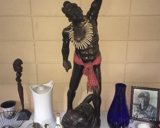 4’ tall carved wooden Head hunter with real bone necklace 1960’s