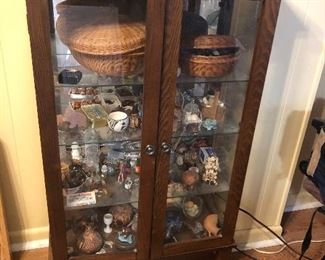 Small Vtg wood and glass display cabinet,
And large collection of southwestern pottery miniatures, and other miniature collectibles
