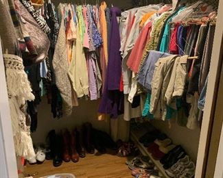 Assortment of ladies clothing, shoes, jackets, handbags, belts