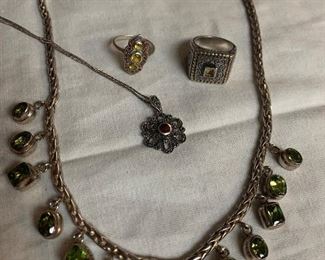 Heavy sterling silver necklace with green stones