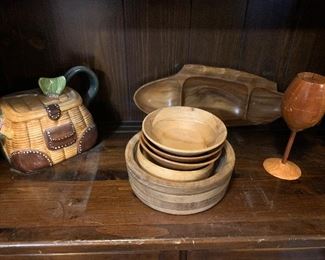 Handcrafted wine glass shaped wooden puzzle, wooden bowls, fishing themed tea pot