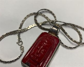 Carved coral & sterling silver necklace