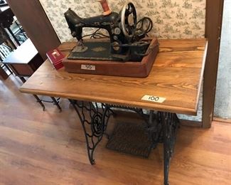 Modern Table made with the Treadle of an Old Singer Sewing Machine & Vintage Singer Sewing Machine