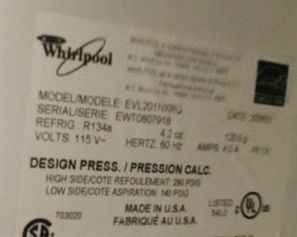 Upright Whirlpool Freezer Model EVL2011 8yrs old and asking $125