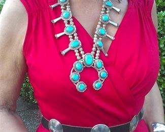 A great Sterling vintage Navajo Squash Blossom necklace, belt, cuffs...