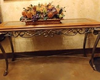 $150 Wood, metal and glass console table with hoof feet
