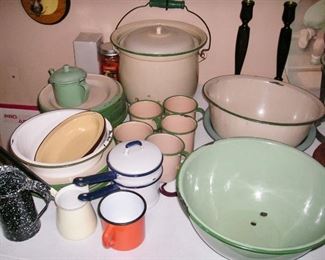 Old enamel ware: bowls, double boiler, mugs, plates, bowls, chamber pot