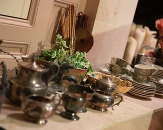 various household silver plate and china items. hearth kit and fireplace accessories