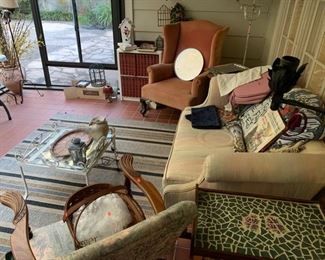 Wing chairs, love seat, vintage encyclopedias and other household items