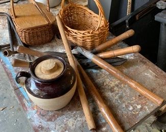 Tools, garden tools and vintage porcelain jug