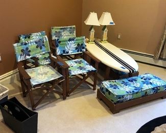 POTTERY BARN KIDS SURF BOARD TABLE AND FOLDING CHAIRS