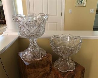 Two cut Glass Punch Bowls, small one cracked