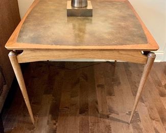 Mid century leather top bridge table by John Widdecomb...measures 32" x 32" x 28"h