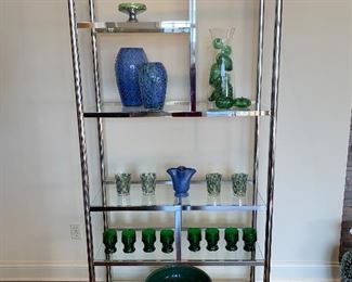 MCM chrome and glass etagere measures 15.5D x 38"W x 79"H