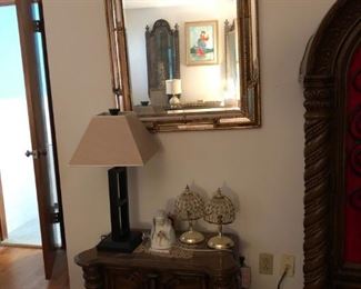 Side Table, Mirror, Lamps